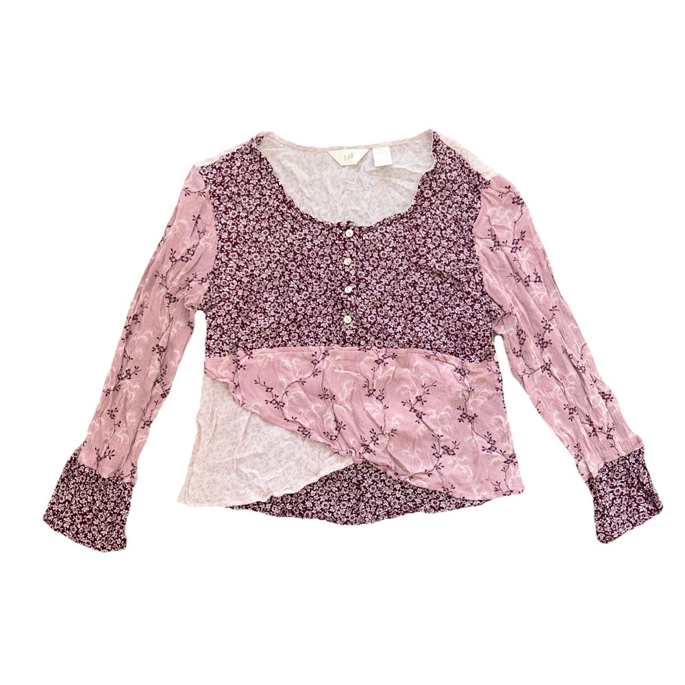 J. Jill Women Patchwork Floral Cropped Boho Rayon Top Long Sleeve Size Petite SP
